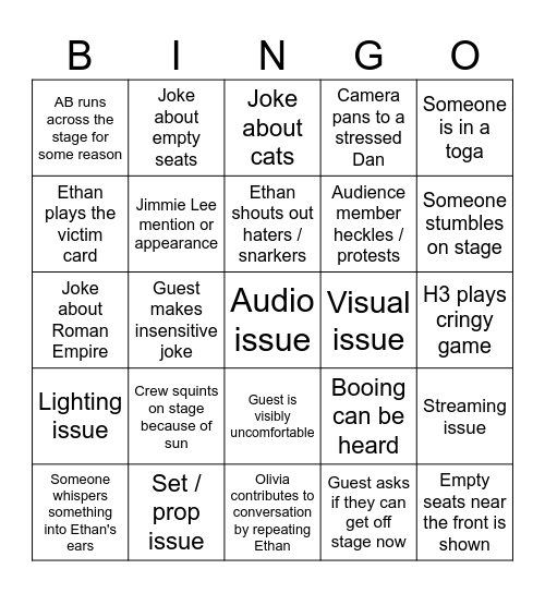 H3 Live Show Bingo Card