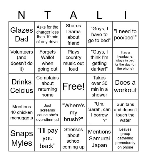 Natalie 4OJ Bingo Card Bingo Card