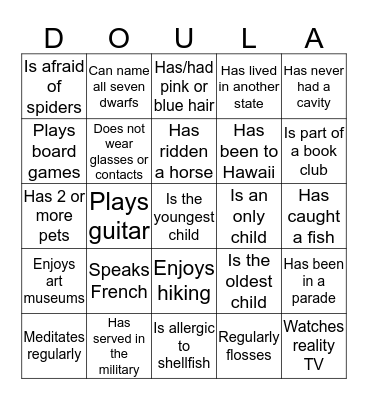 June 2016 Doula Project Ice Breaker Bingo Card