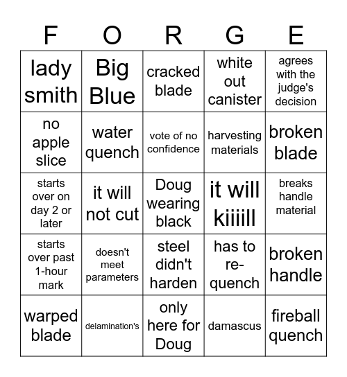 Forge in Fire BINGO Card