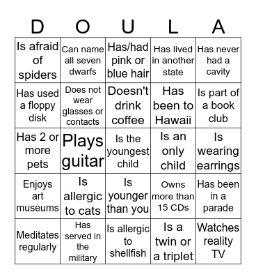 June 2016 Doula Project Ice Breaker Bingo Card