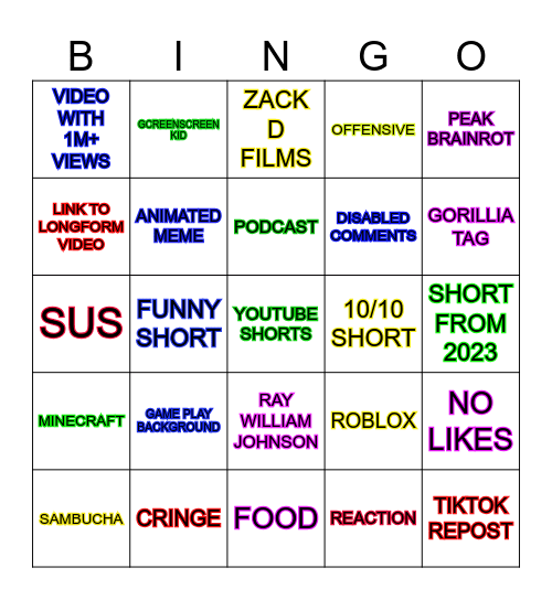 Youtube shorts Bingo Card