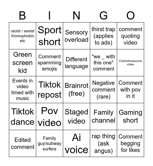 Youtube Shorts Bingo Card