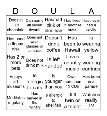 June 2016 Doula Project Ice Breaker Bingo Card