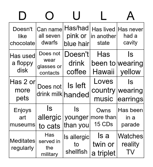 June 2016 Doula Project Ice Breaker Bingo Card