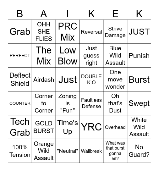 Guilty Gear Match Bingo Card