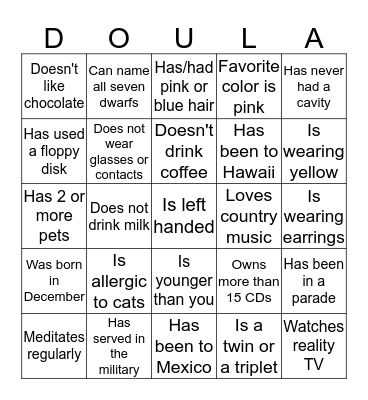 June 2016 Doula Project Ice Breaker Bingo Card