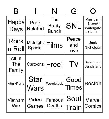 70s Bingo Card Bingo Card