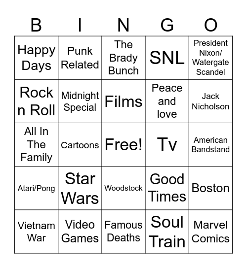 70s Bingo Card Bingo Card