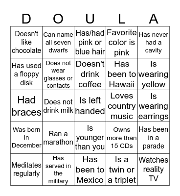 June 2016 Doula Project Ice Breaker Bingo Card