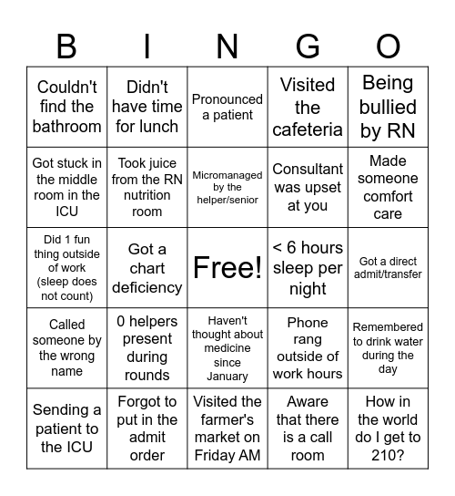 Intern Transition Week Bingo Card