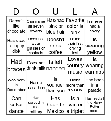 June 2016 Doula Project Ice Breaker Bingo Card