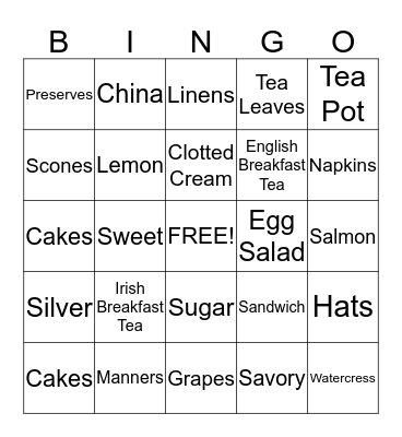 Tea Party Bingo Card