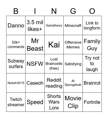 YT Shorts Bingo Card