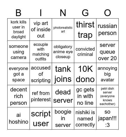 shitter binger 5566772828 Bingo Card