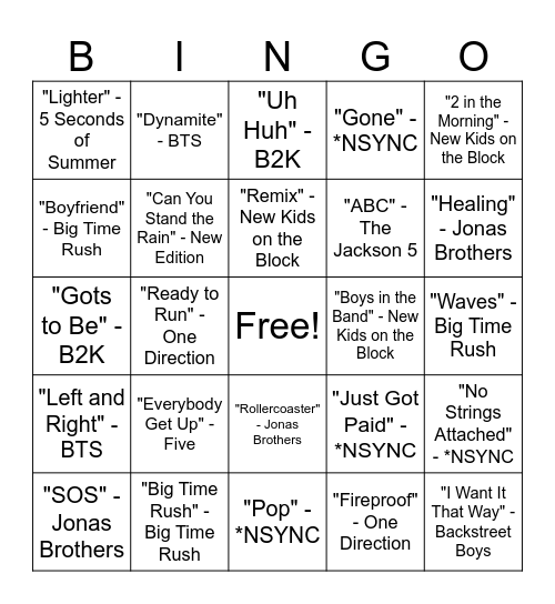 Music Bingo Boy Bands Round #2 Bingo Card