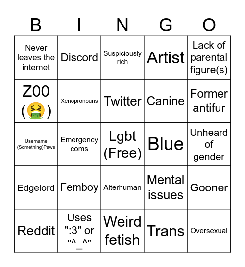 Furry Bingo Card