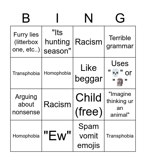 Antifurry Bingo Card