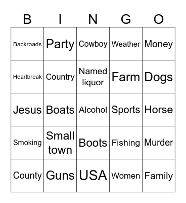 Country Music Bingo Card