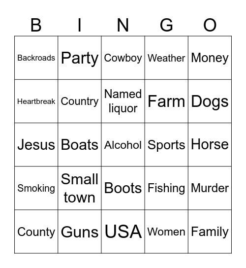 Country Music Bingo Card