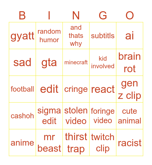 youtube short Bingo Card