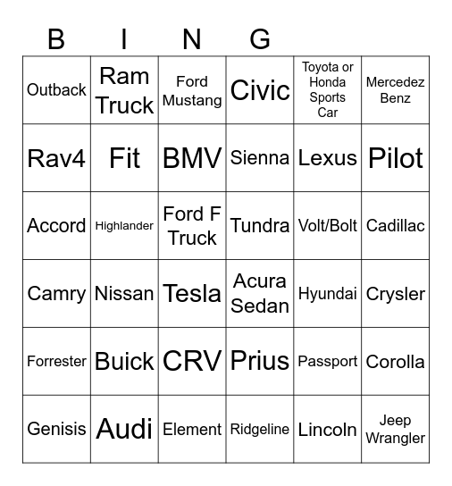 Other Cars Bingo Card