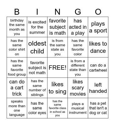 Classmate BINGO Card