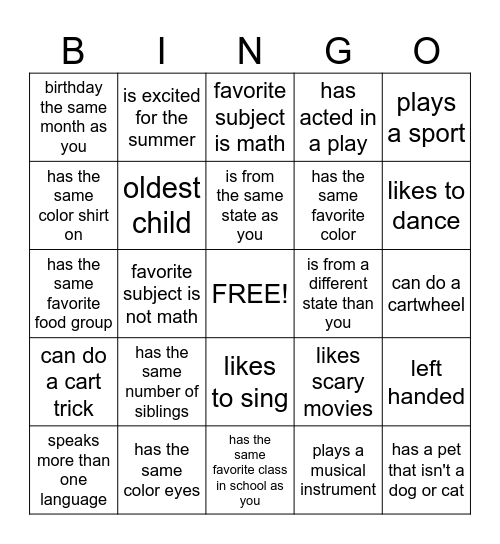 Classmate BINGO Card