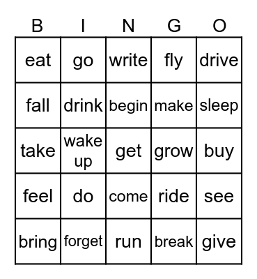 Irregular Verbs Bingo Card