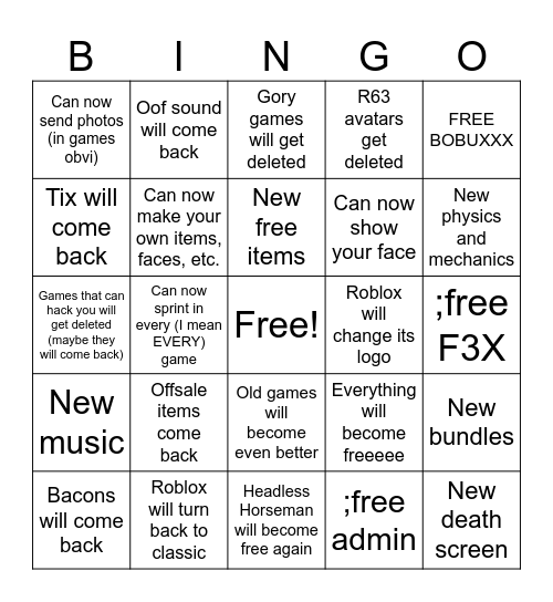 Future Roblox predictions Bingo Card