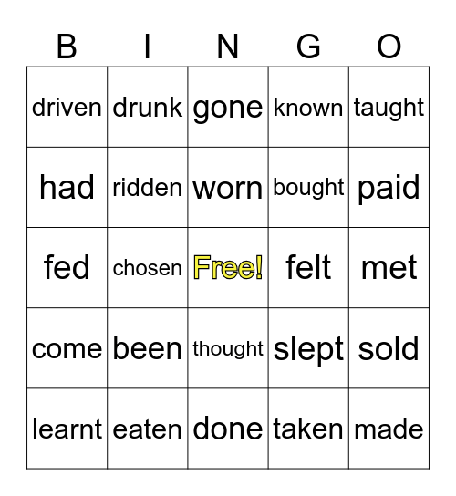 IRREGULAR PAST PARTICIPLES Bingo Card