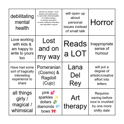 Penpal Bingo Card