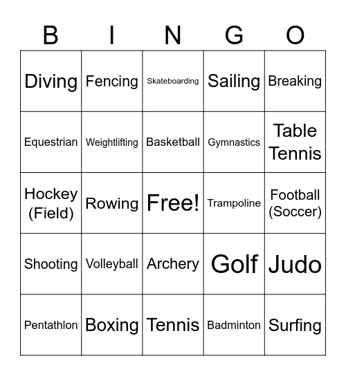 Olympic Games Bingo Card