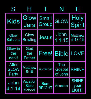 GLOW in the dark, SHINE for Jesus! Bingo Card