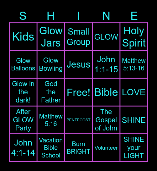 GLOW in the dark, SHINE for Jesus! Bingo Card