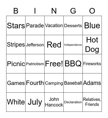 Fourth of July Bingo  Bingo Card