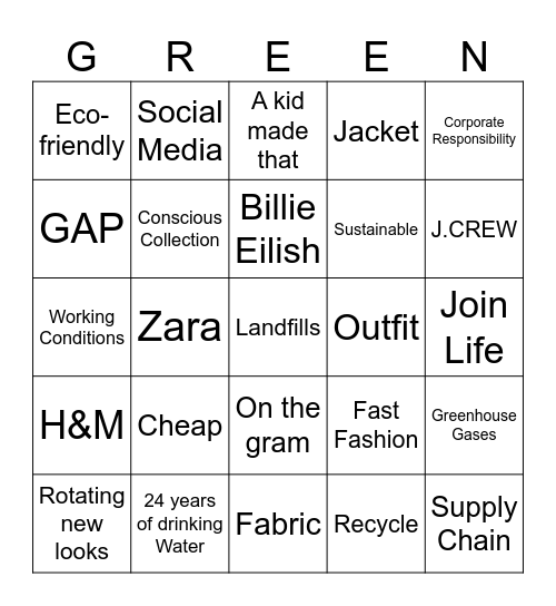 Greenwashing Bingo Card