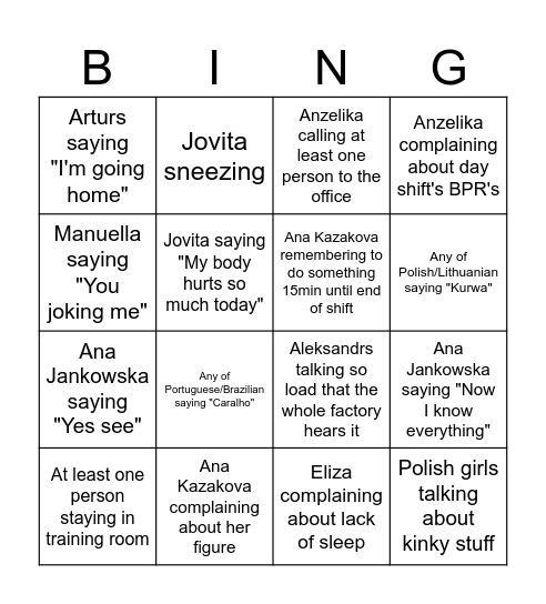 Night shift bingoi Bingo Card