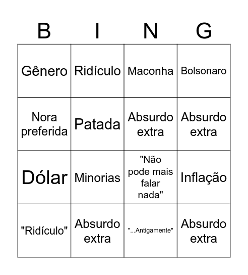 Almoço de domingo Bingo Card