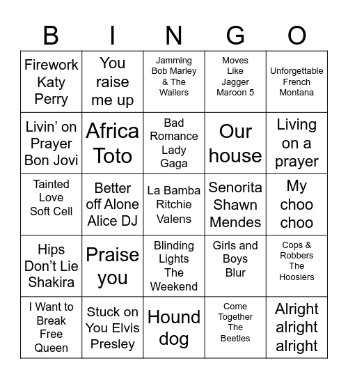 Rock and Roll Bingo Card