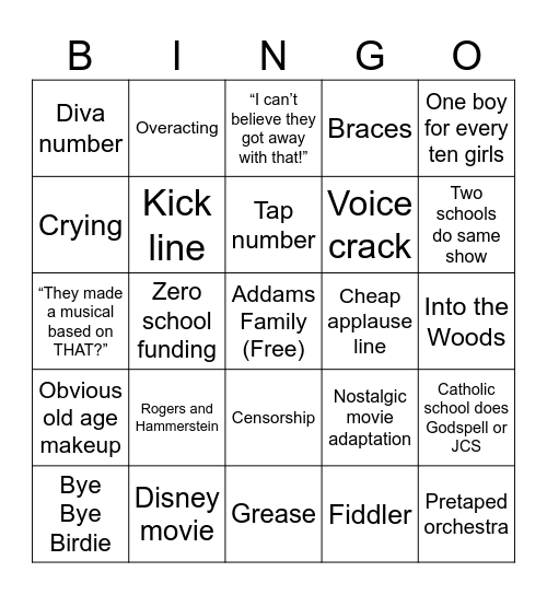 High School Musical Bingo Card