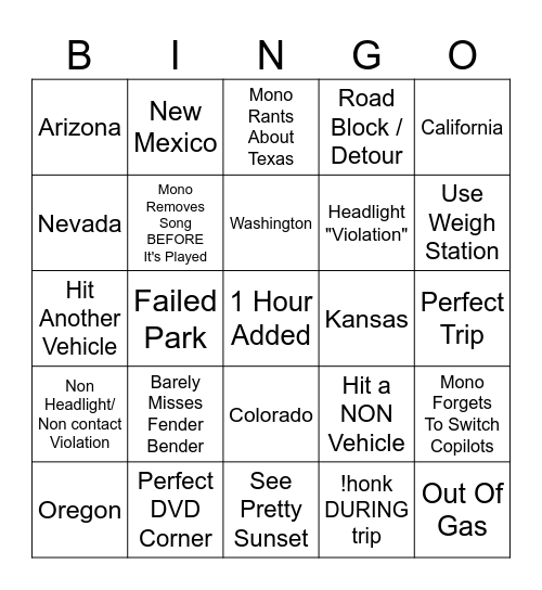 Trucking Bingo Card