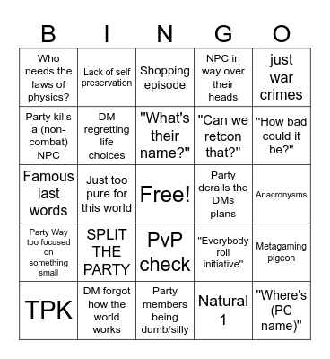 Sam's DnD Bingo card Bingo Card