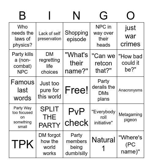 Sam's DnD Bingo card Bingo Card