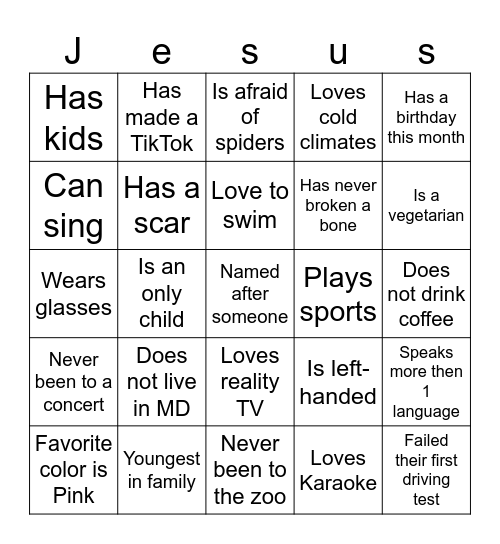 VBS Bingo Card