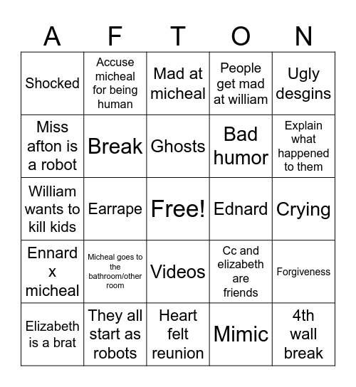 Afton family in a room for 24 hrs Bingo Card