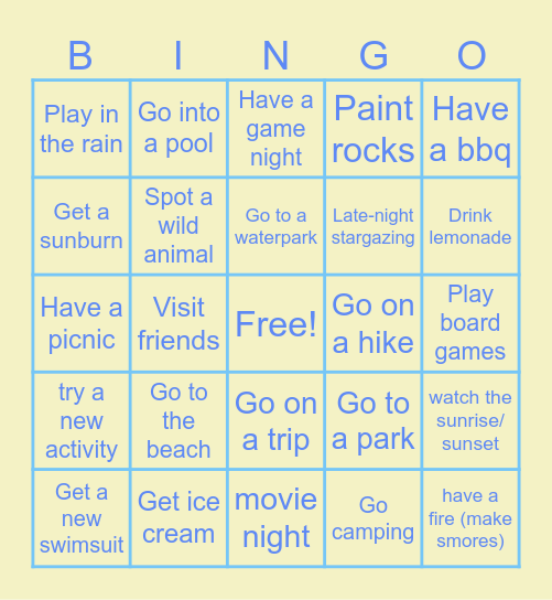 Summertime bingo Card