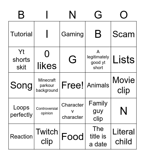 YouTube shorts Bingo Card