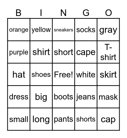 Clothing Bingo Card