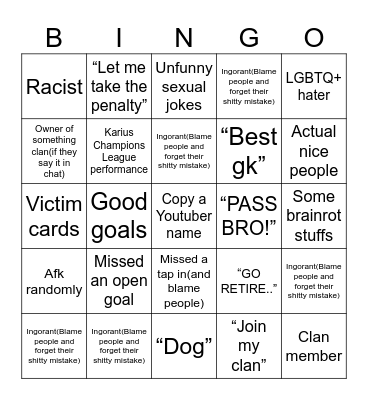 Touch football Bingo Card